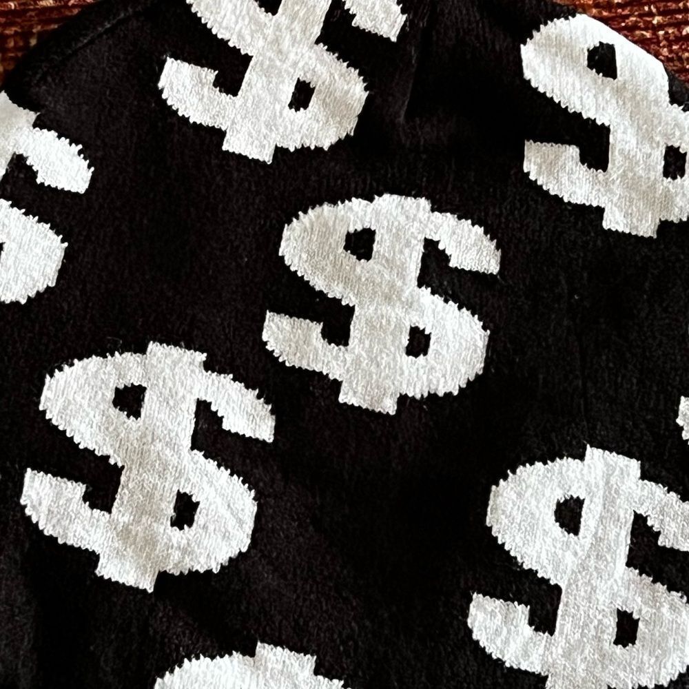 Black Jacquard Knit Skullcap Beanie with White  Dollar Signs - Picture 4 of 4